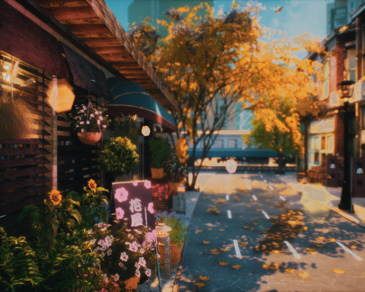 Download 1280x1024 Anime City, Street, Train, Shops Wallpaper