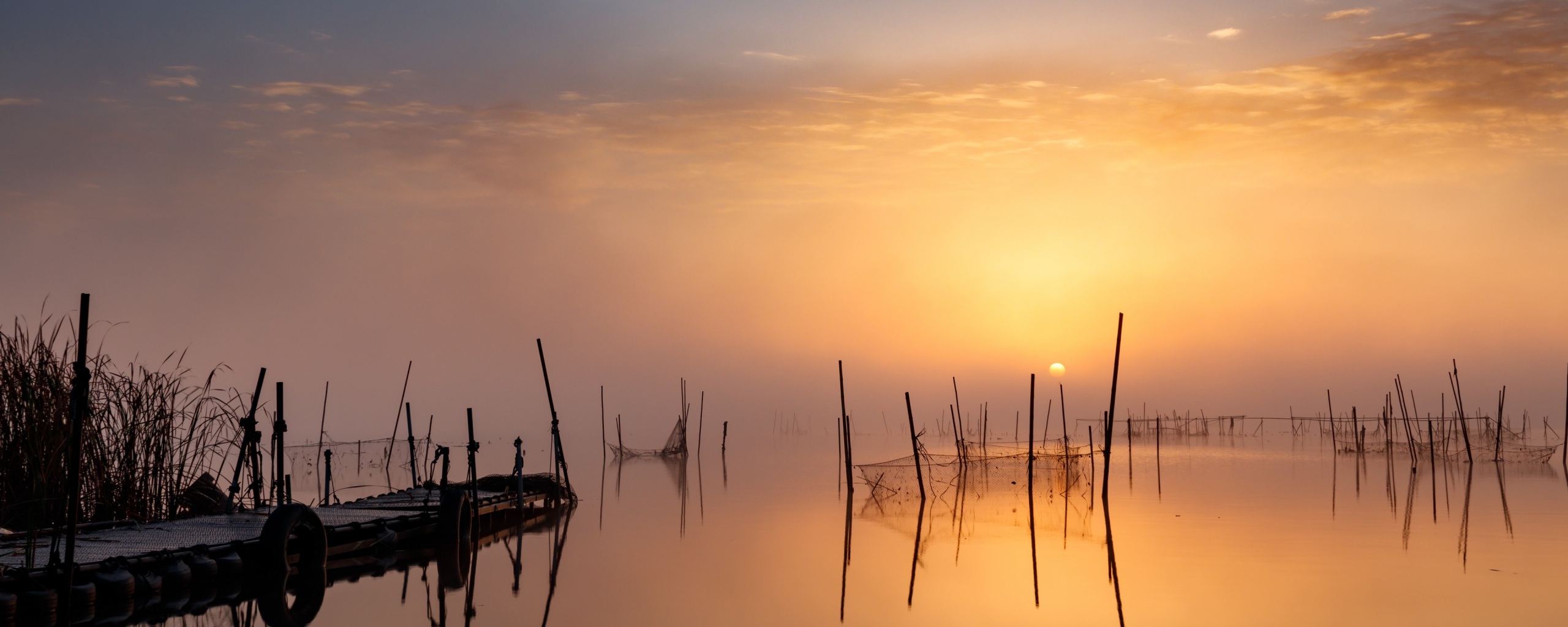 Wallpaper 4k pier, sunset, lake, fishing nets 4k Wallpaper