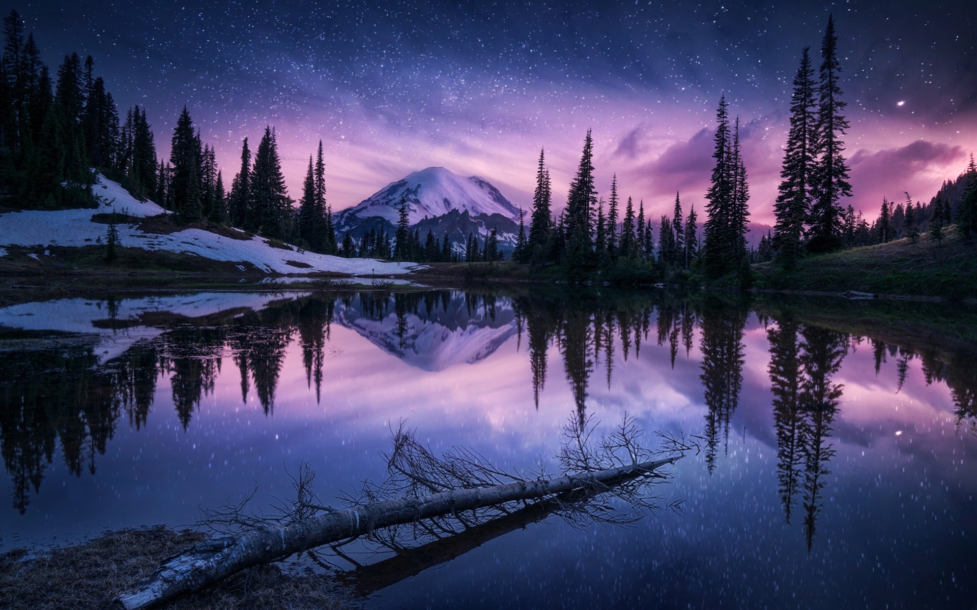 Wallpaper Winter, lake, trees, mountains, snow, sky, stars 1920x1200 HD Picture, Image