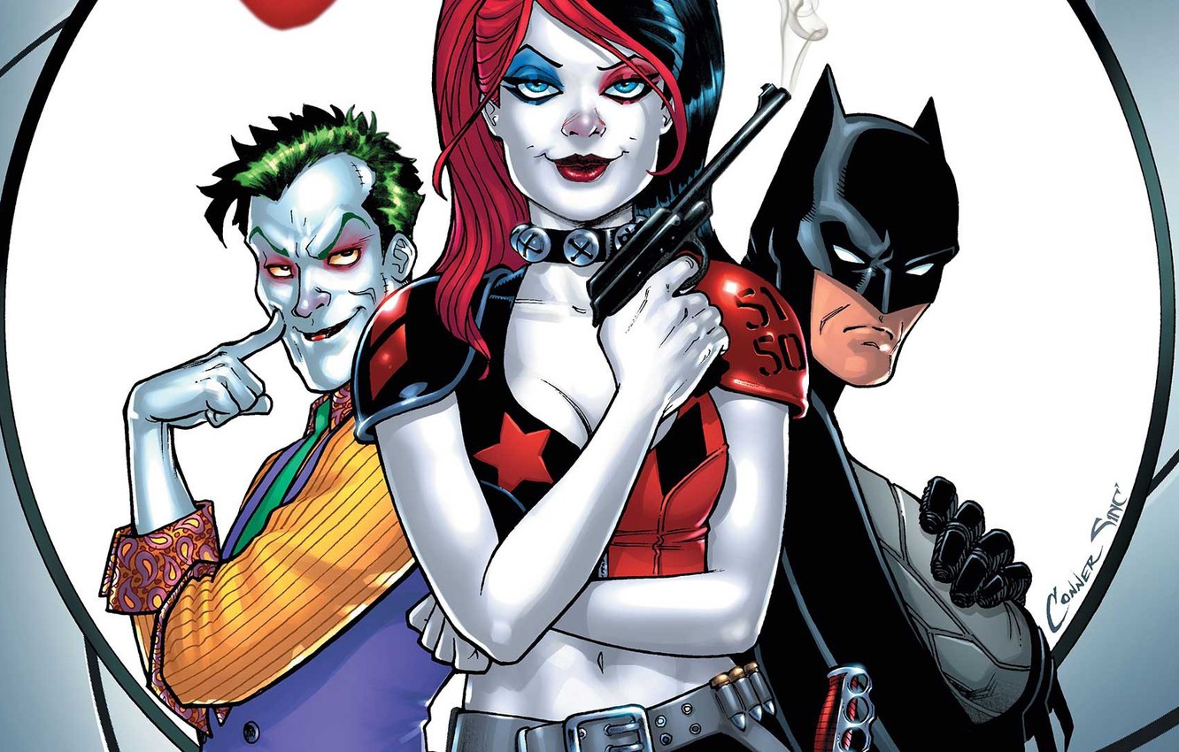 Wallpaper gun, fantasy, Batman, weapon, Joker, comics, artwork, mask, superheroes, DC Comics, Harley Quinn, cape image for desktop, section фантастика