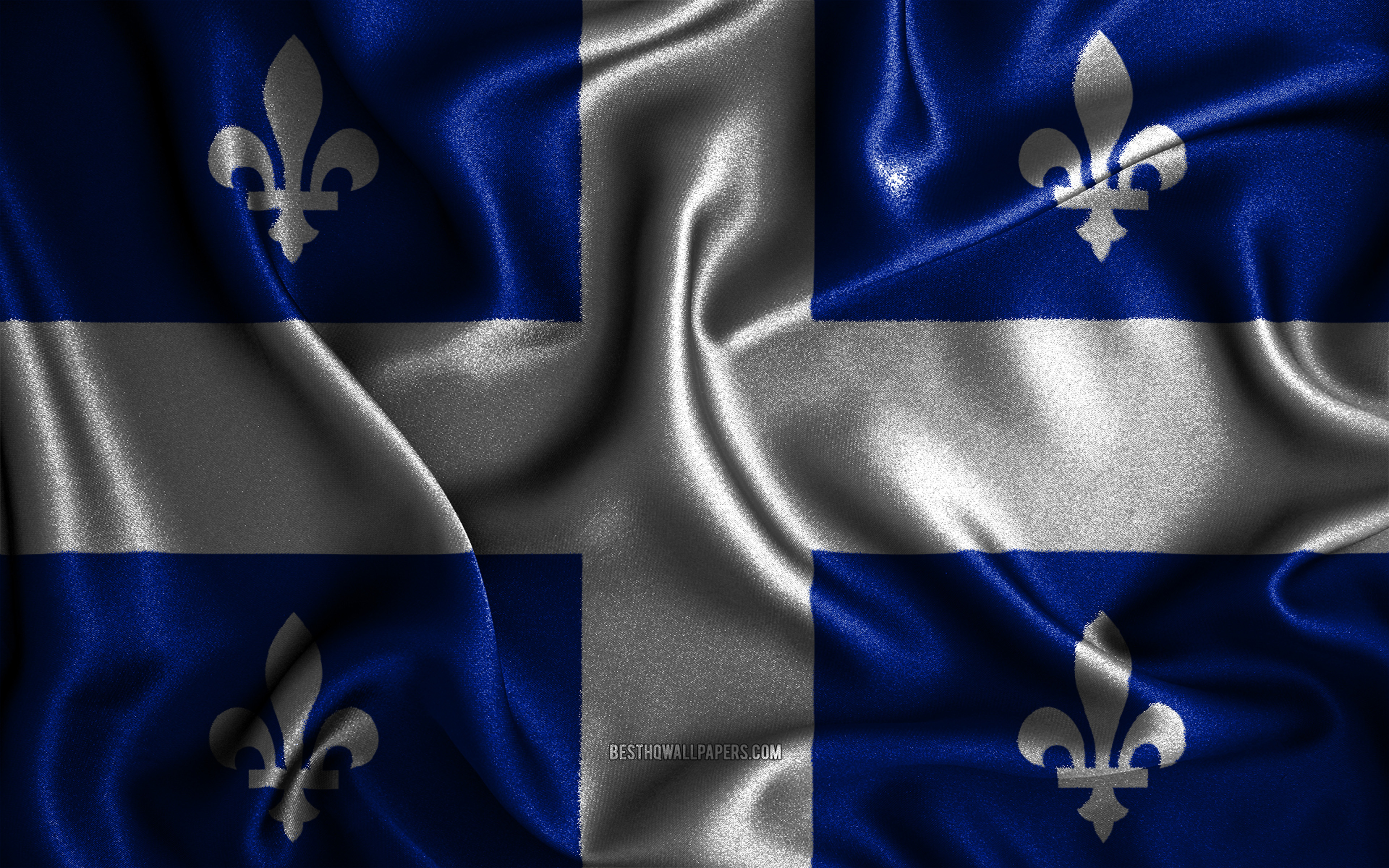 Download wallpaper Quebec flag, 4k, silk wavy flags, canadian provinces, Day of Quebec, fabric flags, Flag of Quebec, 3D art, Quebec, Provinces of Canada, Quebec 3D flag, Canada for desktop with resolution