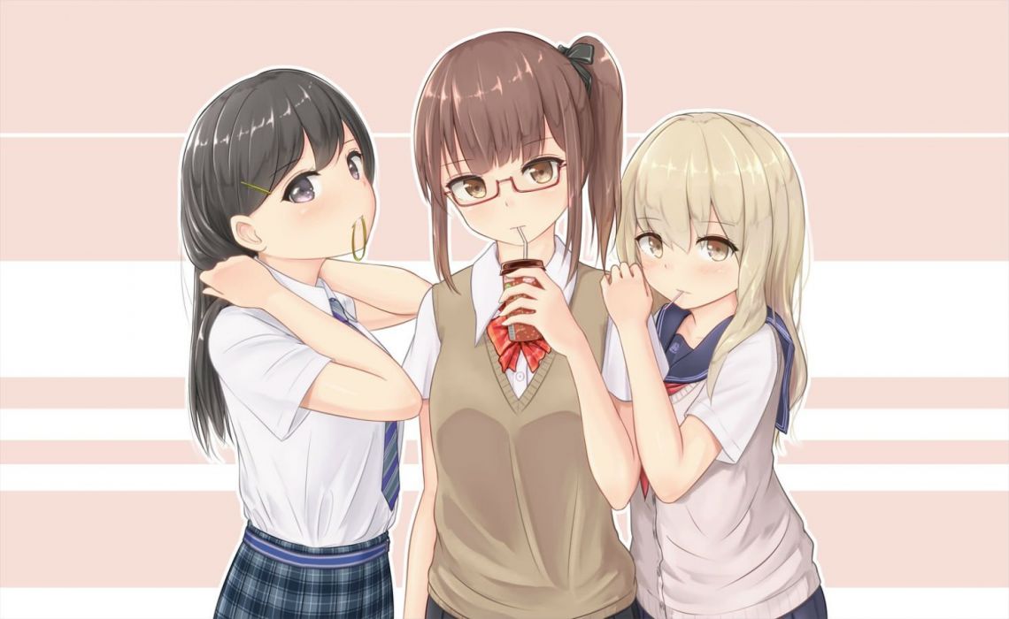 Black hair blonde hair brown eyes brown hair drink glasses gray eyes long hair minagiku original ponytail seifuku yellow eyes wallpaperx900