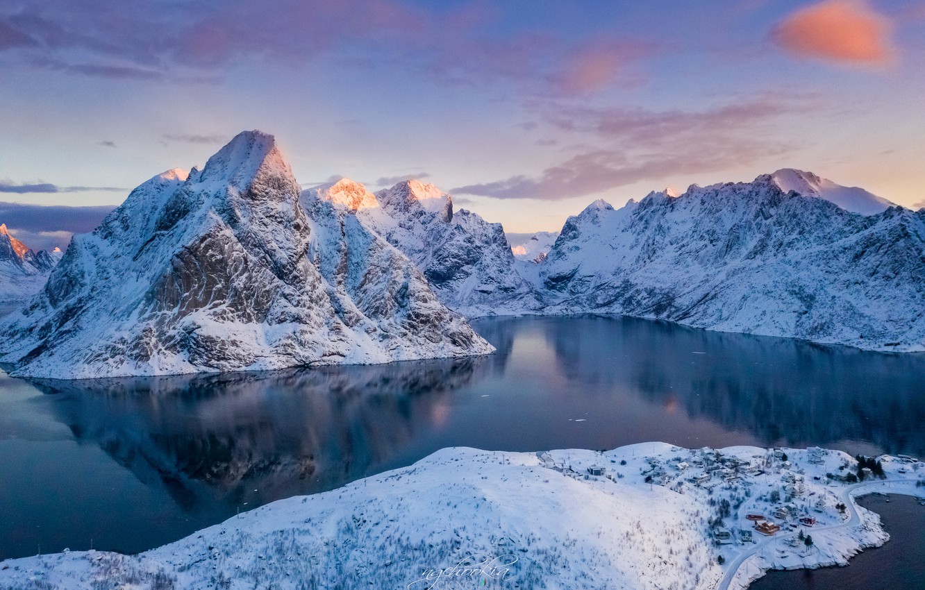 Wallpaper winter, sea, the sky, snow, mountains, rocks, Norway, panorama, Bay, The Lofoten Islands, Lofoten image for desktop, section пейзажи