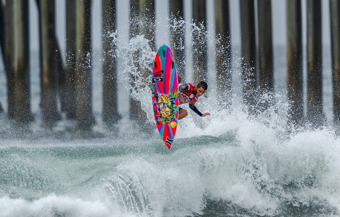 Wallpaper wave, squirt, splash, surfer, CA, surfing, United States, extreme sports, surfboard, US Open of Surfing, Filipe Toledo, Brazilian Storm, Huntington Beach image for desktop, section спорт