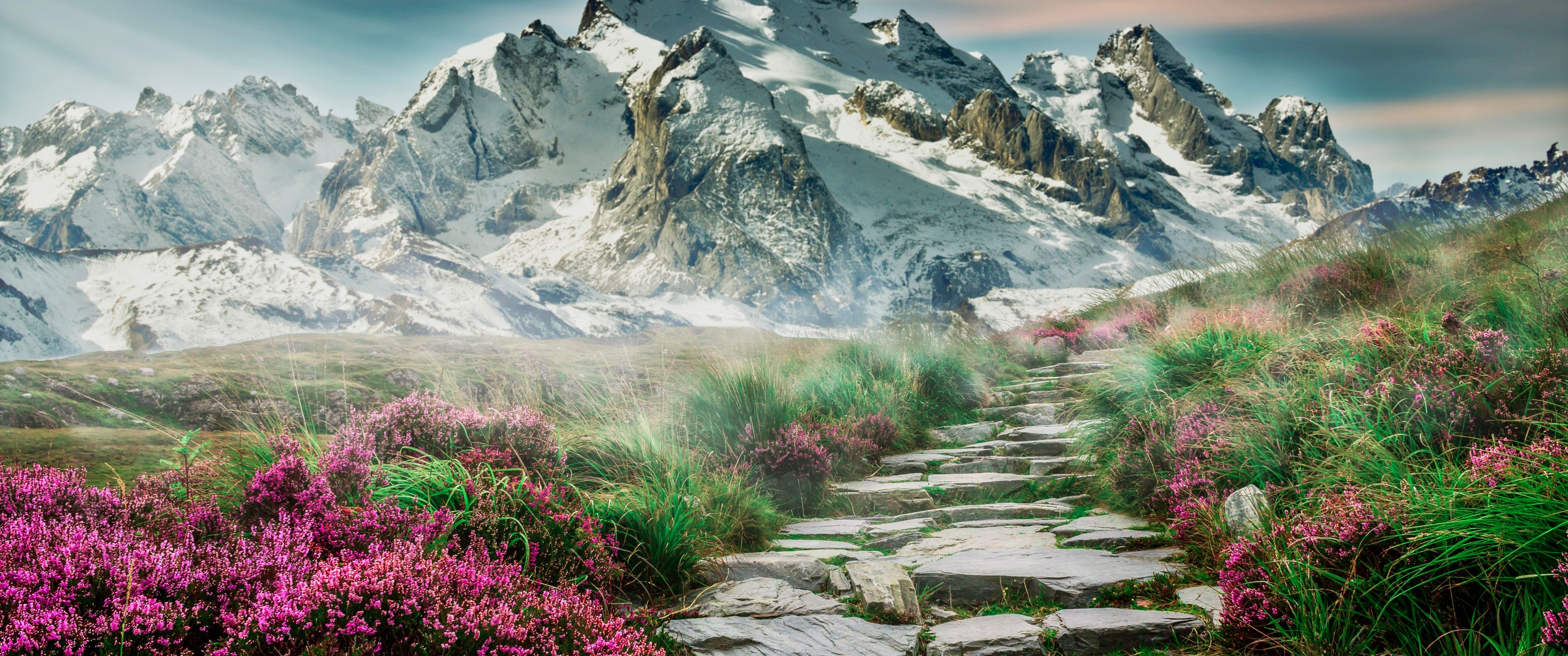 Mountains Wallpaper 4K, Path, Hill, Spring, Aesthetic, Landscape, Nature