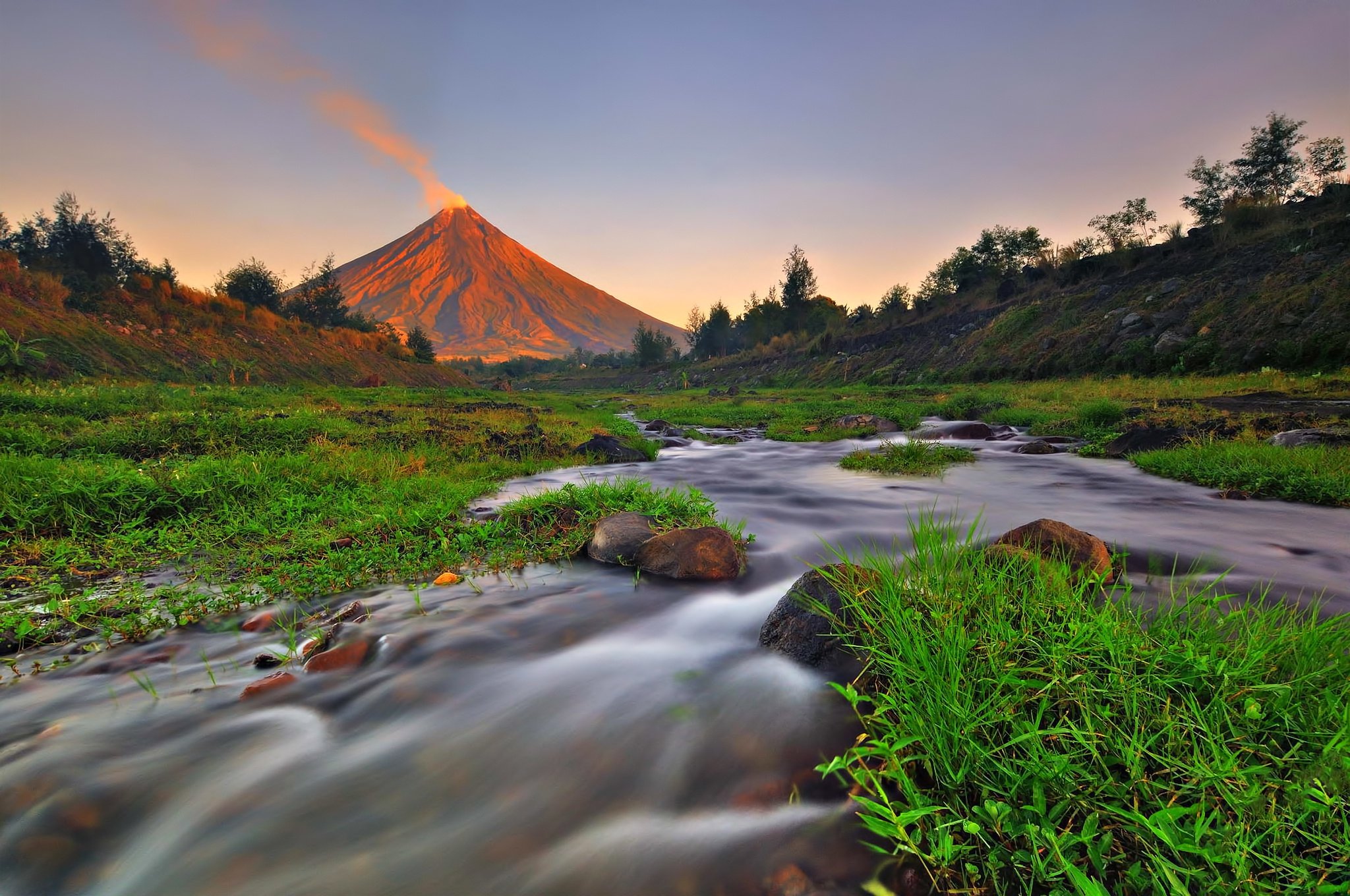 landscape, Nature, Mountain, River, Creek, Grass, Volcano, Mayon, Volcano, Philippines Wallpaper HD / Desktop and Mobile Background