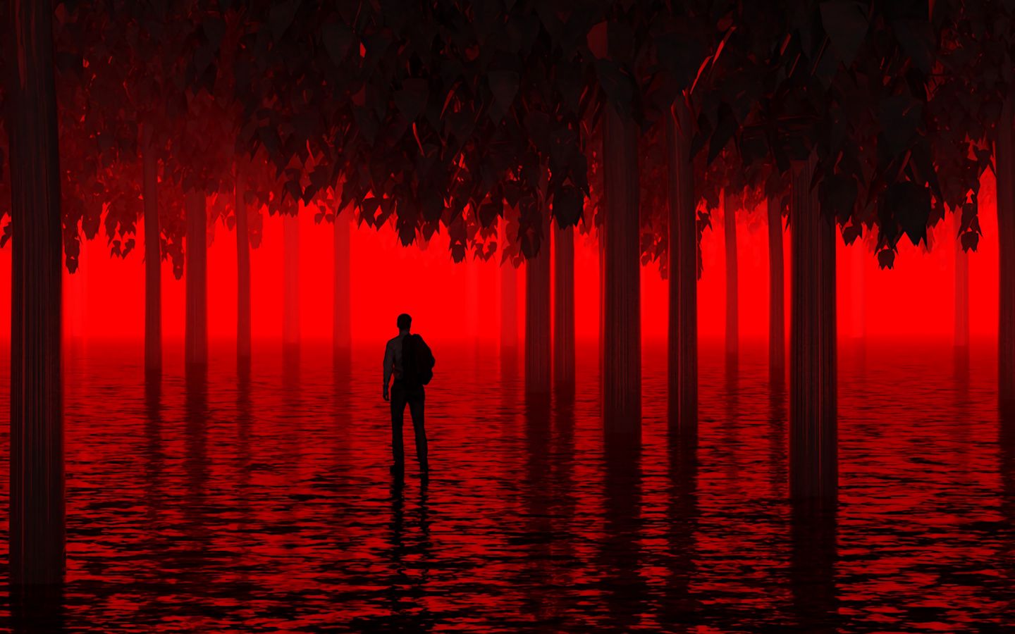 Download wallpaper 1440x900 water, trees, man, red, neon, light, flooded widescreen 16:10 HD background