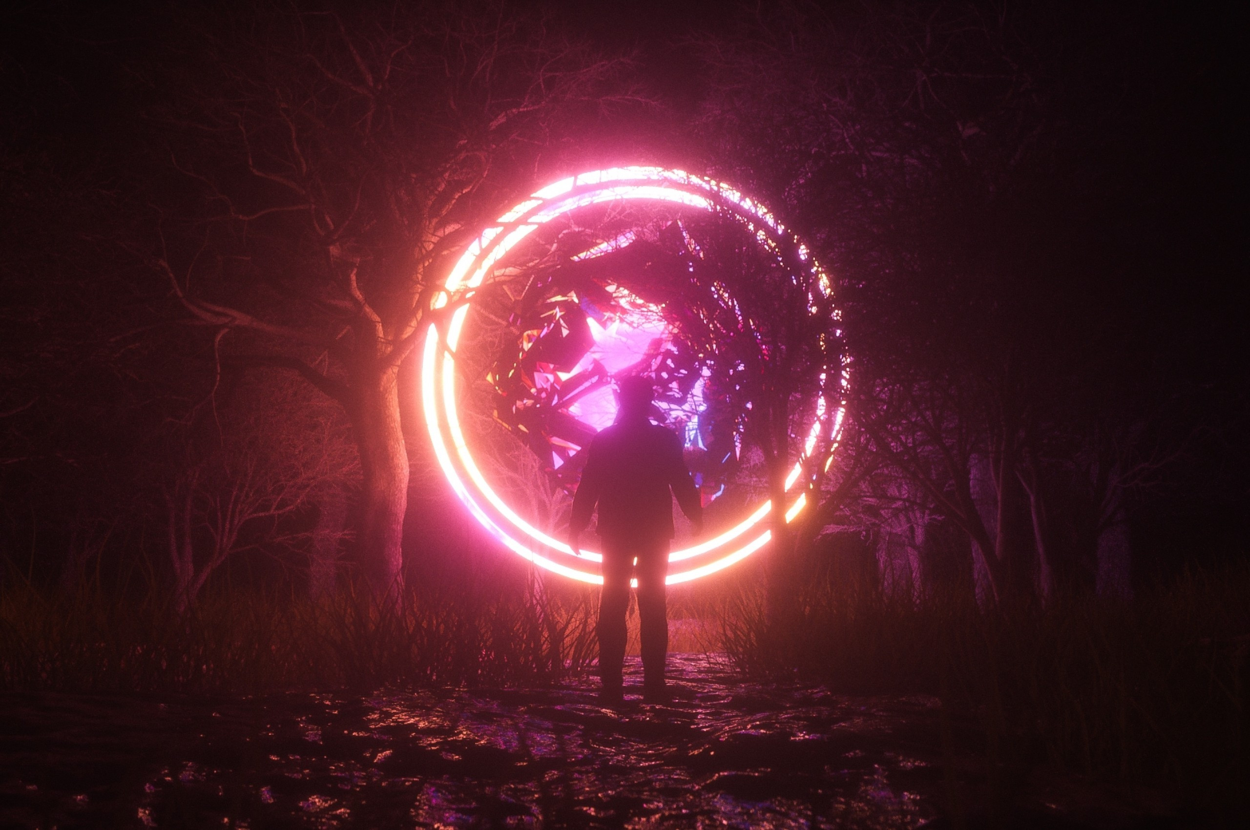 Download 2560x1700 Neon Gate, Dream, Light, Trees Wallpaper for Chromebook Pixel