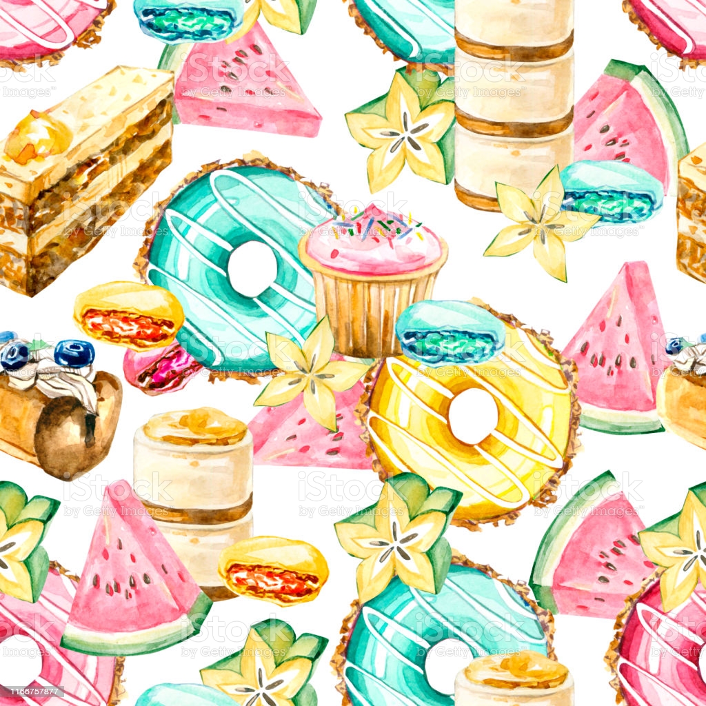 Watercolor Seamless Pattern Sweets And Exitic Fruit Summer Illusration Donats Candy Cupcake Desserts For The Textile Print And Wallpaper Print On Dark Background Stock Illustration Image Now