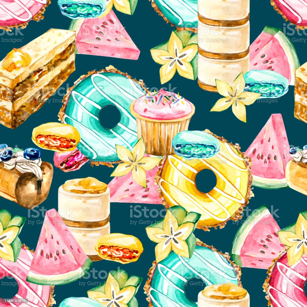 Watercolor Seamless Pattern Sweets And Exitic Fruit Summer Illusration Donats Candy Cupcake Desserts For The Textile Print And Wallpaper Print On Dark Background Stock Illustration Image Now