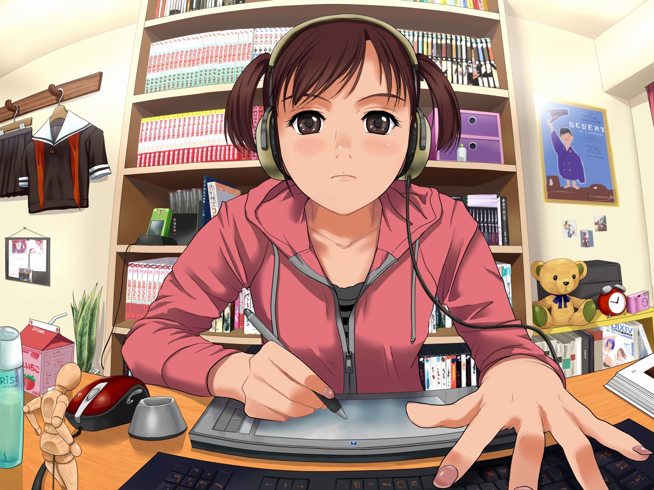 Anime Girl Blushing Using the Computer