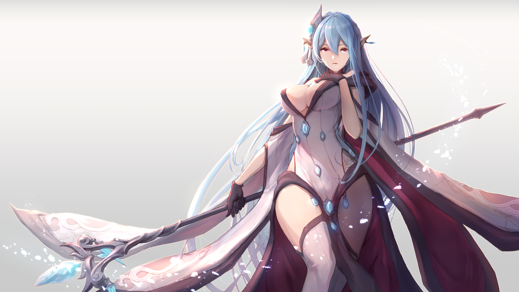 Wallpaper, aqua hair, breast hold, cleavage, dress, gloves, long hair, purple eyes, staff, thighs, bathory exos heroes 1800x1013