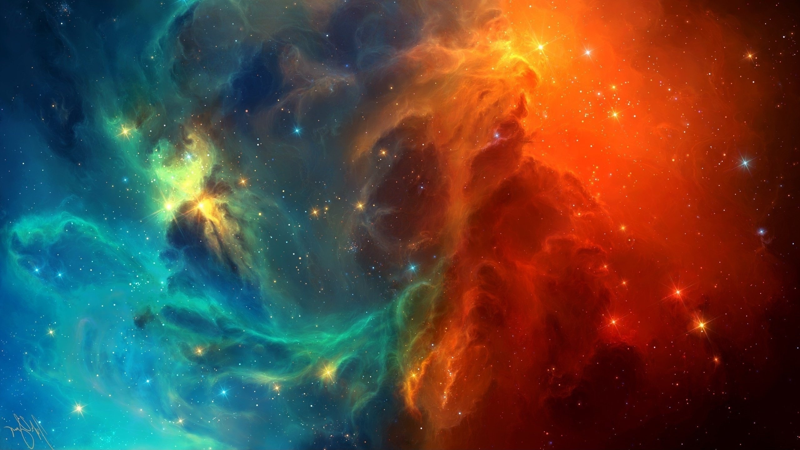 Wallpaper Galaxy, Stars, Orange, Blue, Nebula:2560x1440