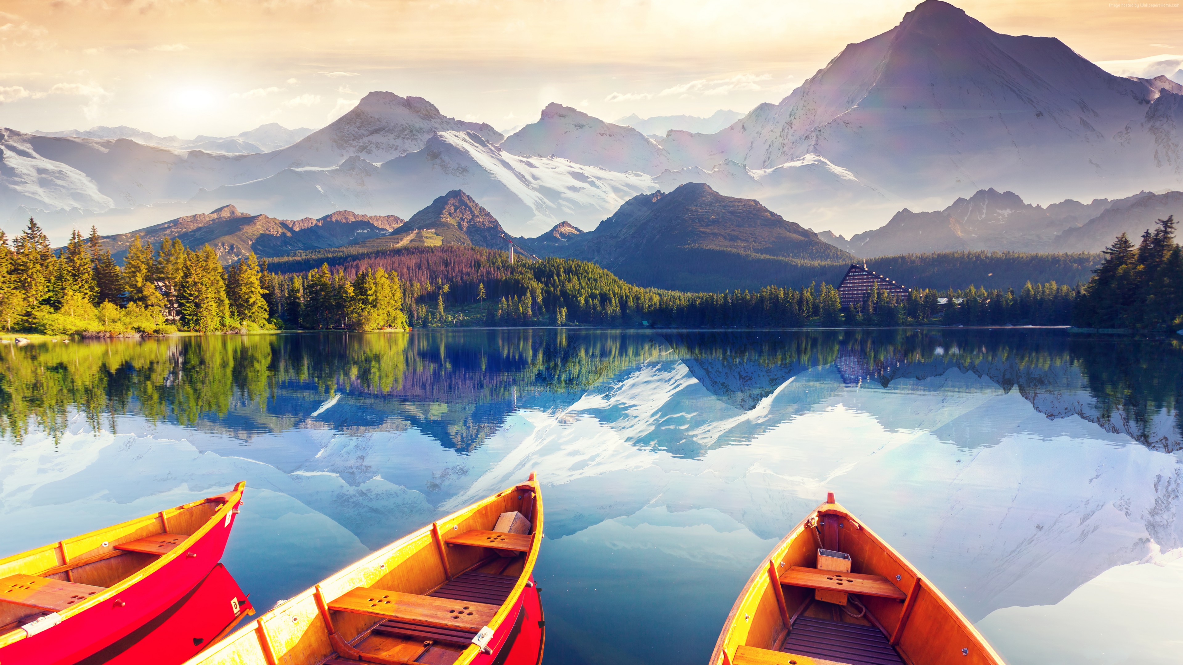 Wallpaper Lake, Boat, Sky, Colors, 8k, Nature