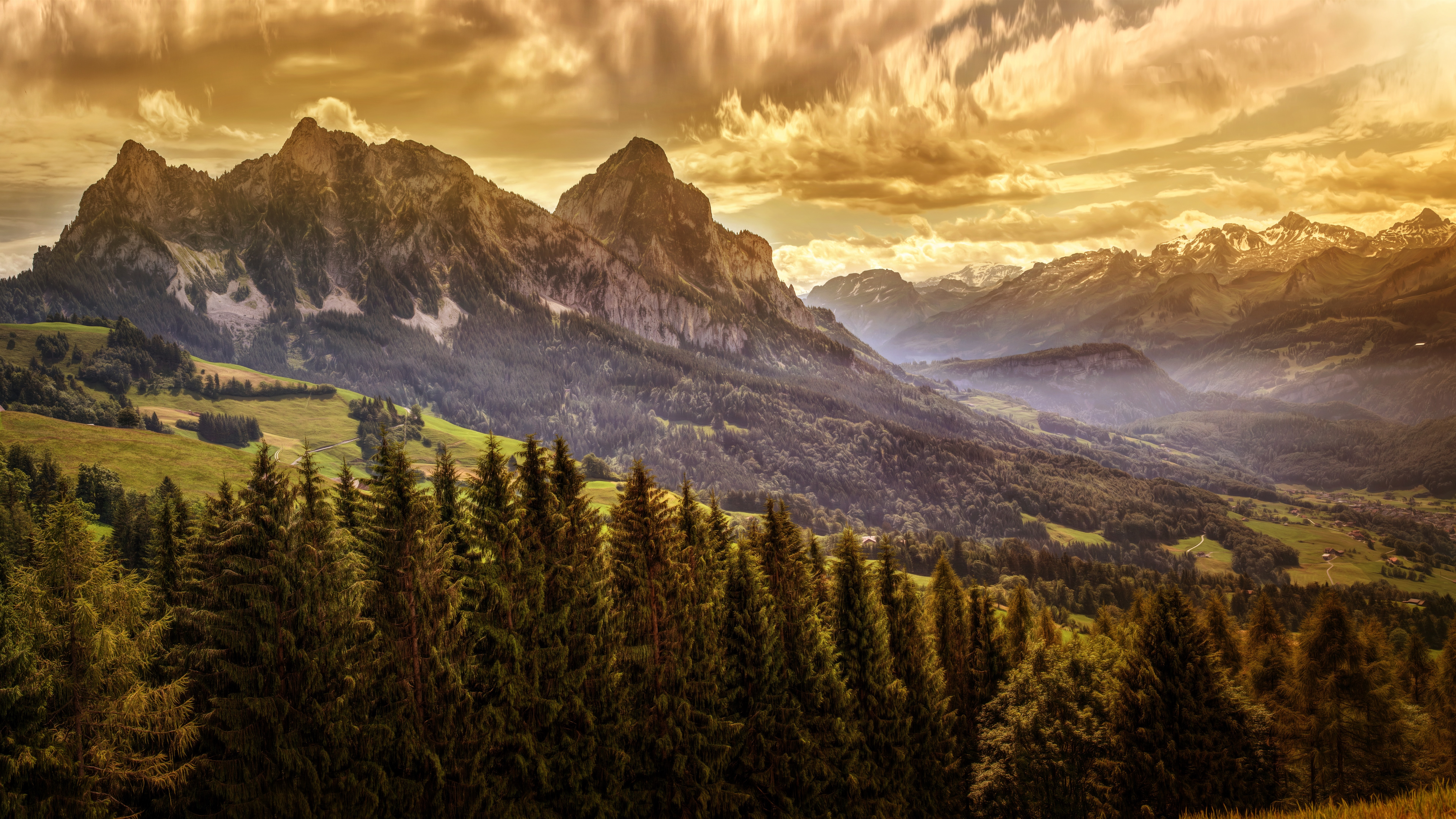 Wallpaper Mountains, trees, clouds, dusk, nature landscape 7680x4320 UHD 8K Picture, Image