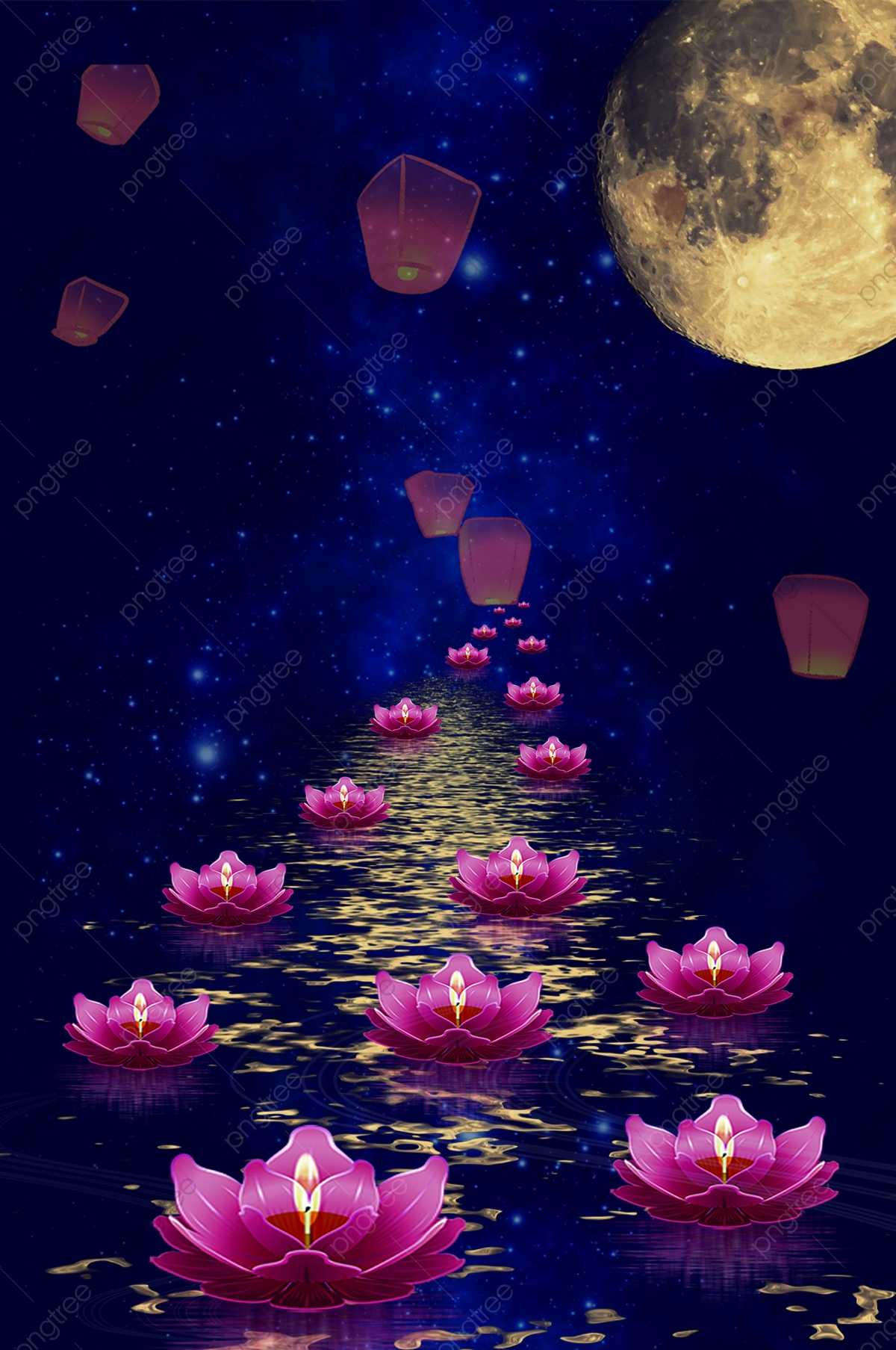 Zhongyuan Festival Moon Flower Light River Water Background, Simple, Literary, Kongming Lantern Background Image for Free Download