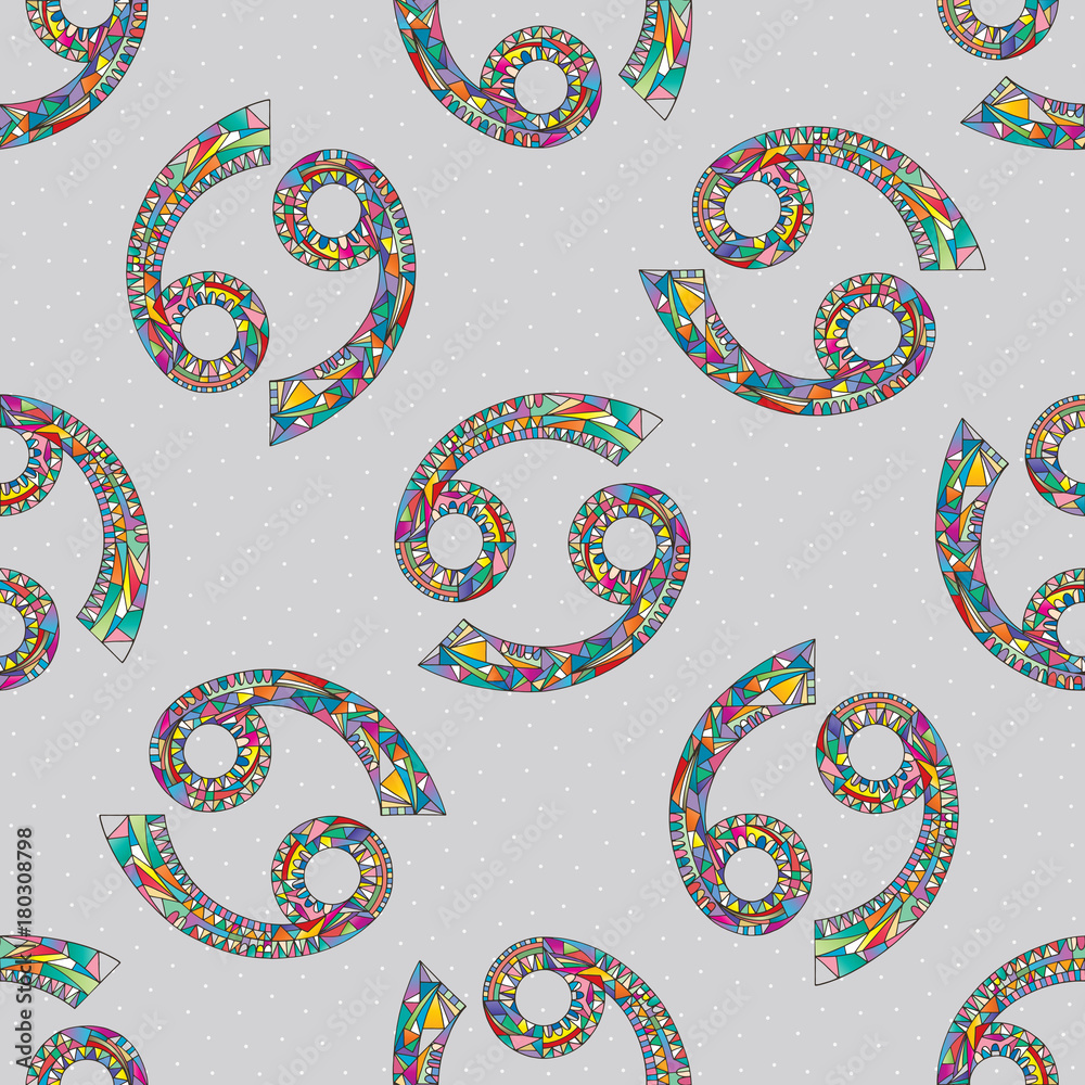 Cancer zodiac sign seamless pattern. Horoscope magic symbol background. Hand drawn astrological colorful vector texture for wallpaper, wrapping, textile design, surface texture, fabric. Stock Vector