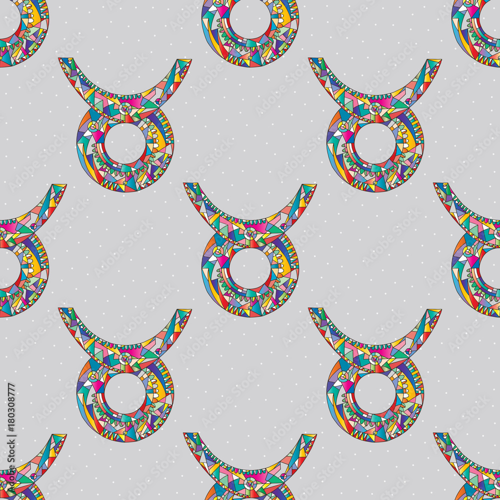 Taurus zodiac sign seamless pattern. Horoscope magic symbol background. Hand drawn astrological colorful vector texture for wallpaper, wrapping, textile design, surface texture, fabric. Stock Vector