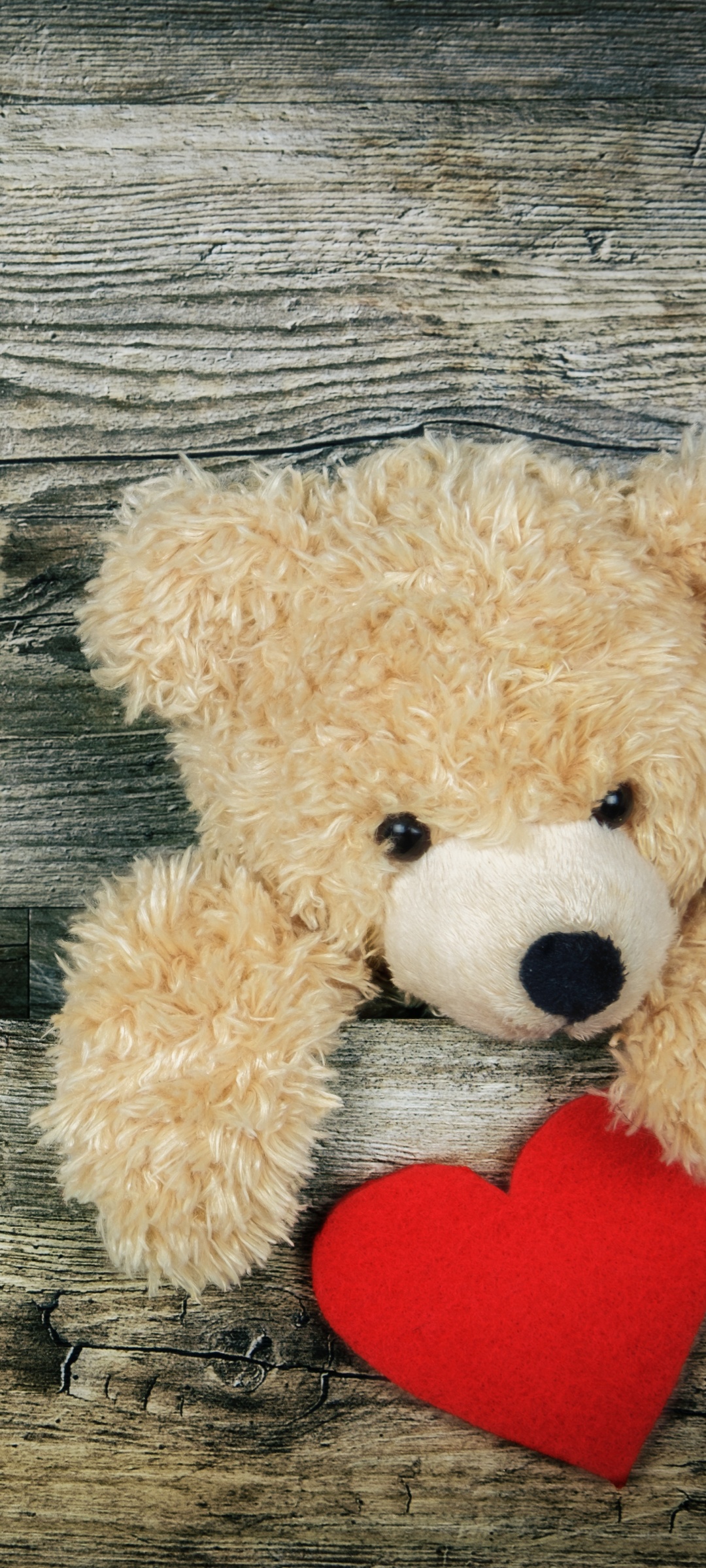 Teddy bear Wallpaper 4K, Red heart, Wooden background, Soft toy, Stuffed, Cute