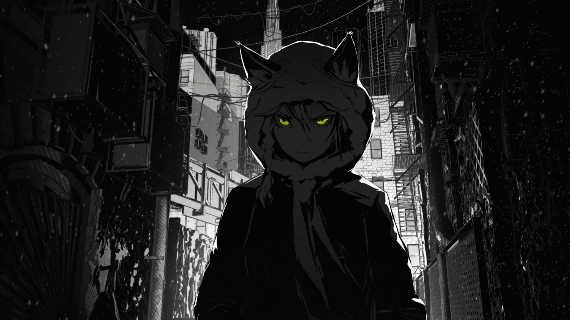 Wallpaper, cat, manga, darkness, screenshot, black and white, monochrome photography, fictional character 1920x1080