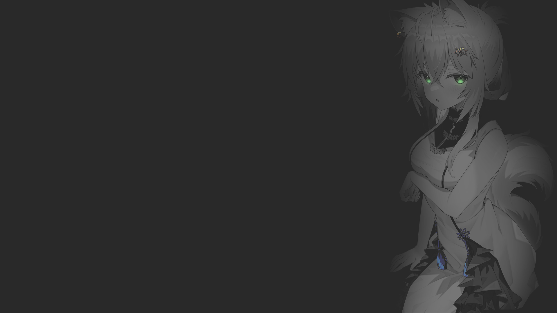 minimalism, black background, manga, neko ears, selective coloring, tail, anime girls, looking at viewer, Aoi Usagi, fantasy girl, green eyes, uniform, anime, fan art, dark background, illustration, animal ears, monochrome