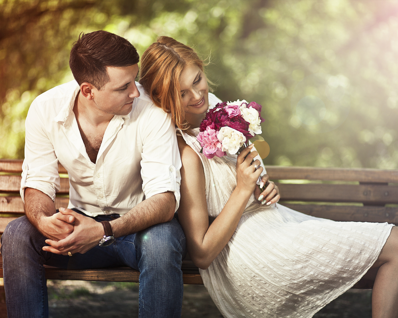 Couple Sitting On Bench With Flowers 1280x1024 Resolution HD 4k Wallpaper, Image, Background, Photo and Picture