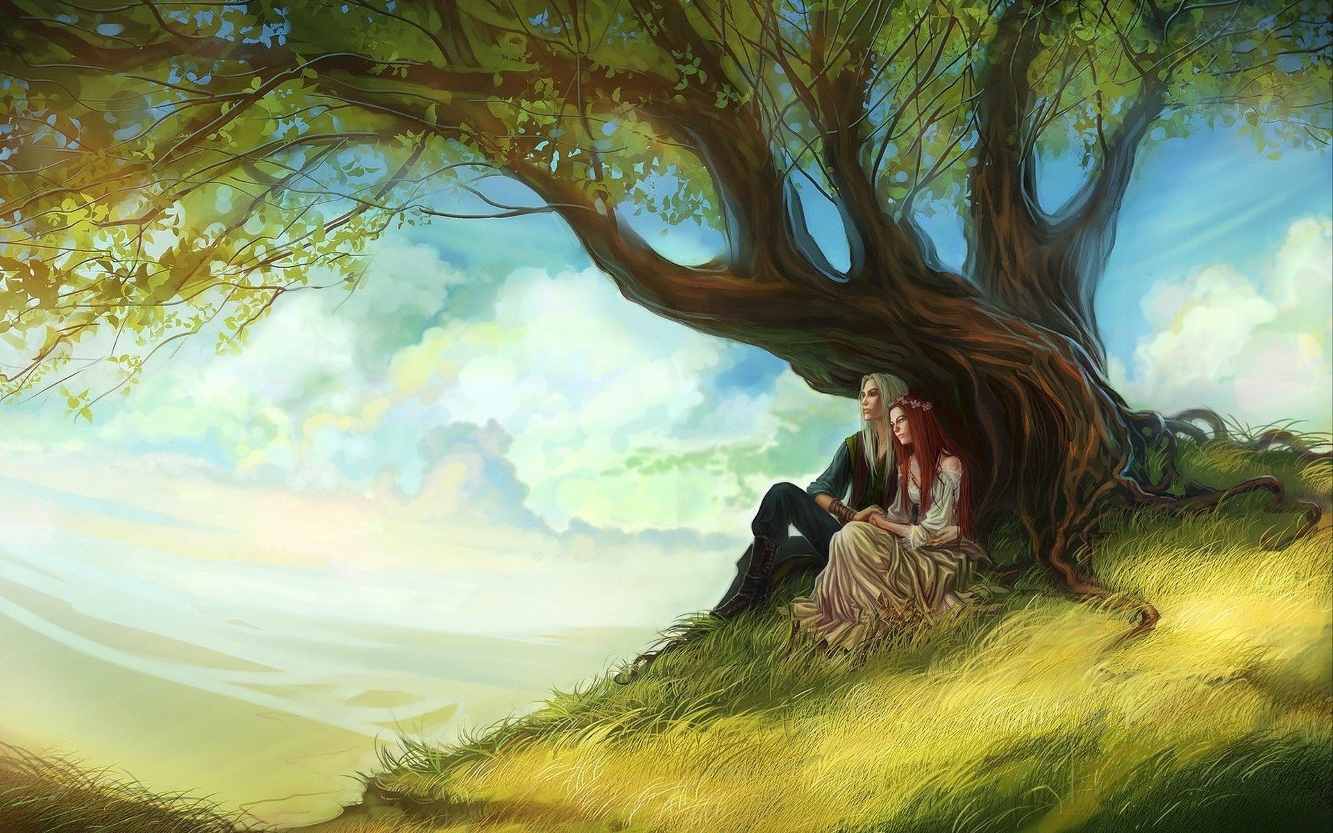 Wallpaper, 1920x1200 px, artwork, couple, grass, hills, sitting, trees 1920x1200