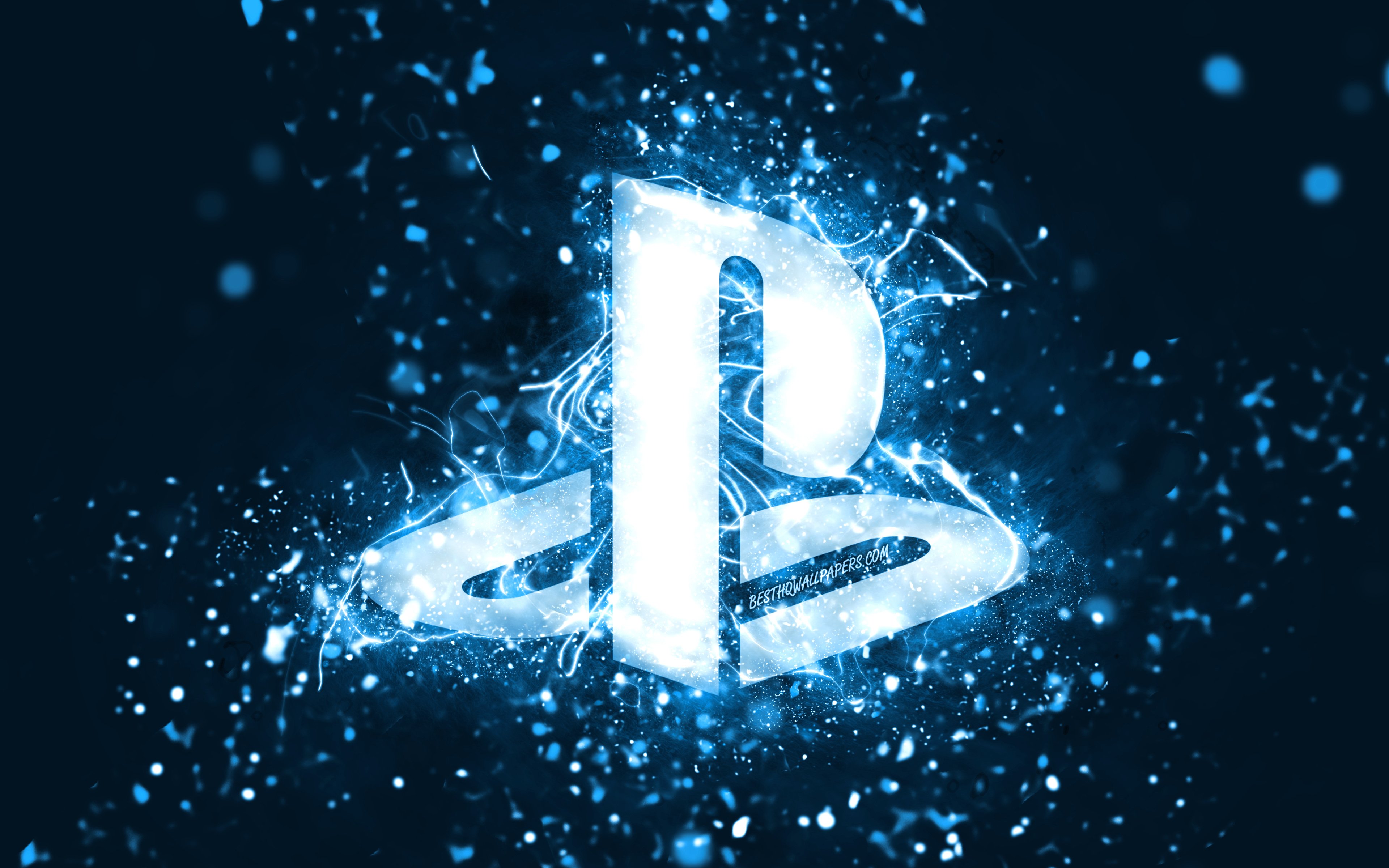 Download wallpaper PlayStation blue logo, 4k, blue neon lights, creative, blue abstract background, PlayStation logo, PlayStation for desktop with resolution 3840x2400. High Quality HD picture wallpaper