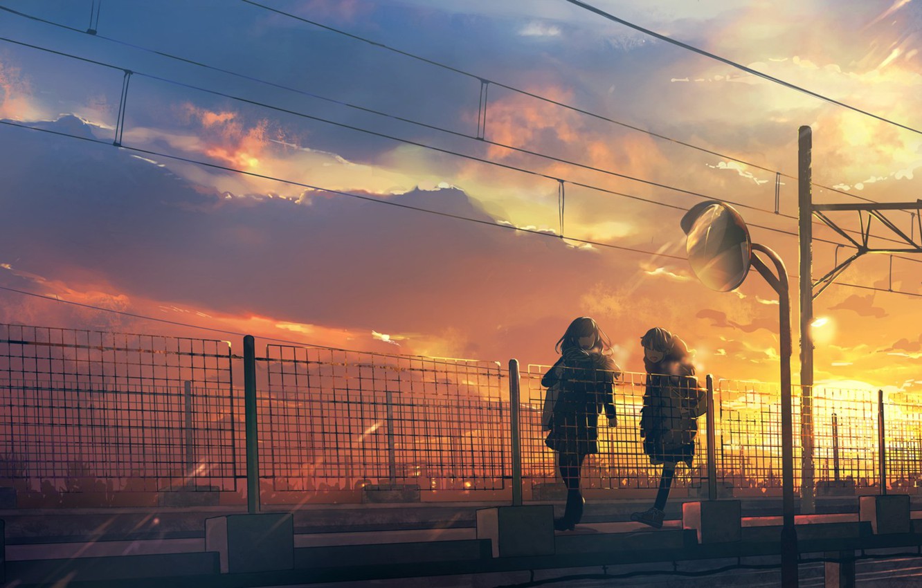 Wallpaper sunset, posts, wire, fence, Japan, Schoolgirls, on the bridge, two girls, the evening sky, a night on the town image for desktop, section арт