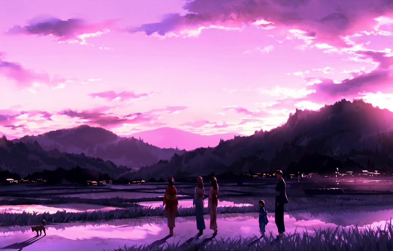 Wallpaper sunset, people, dog, kimono, Japanese clothing image for desktop, section прочее