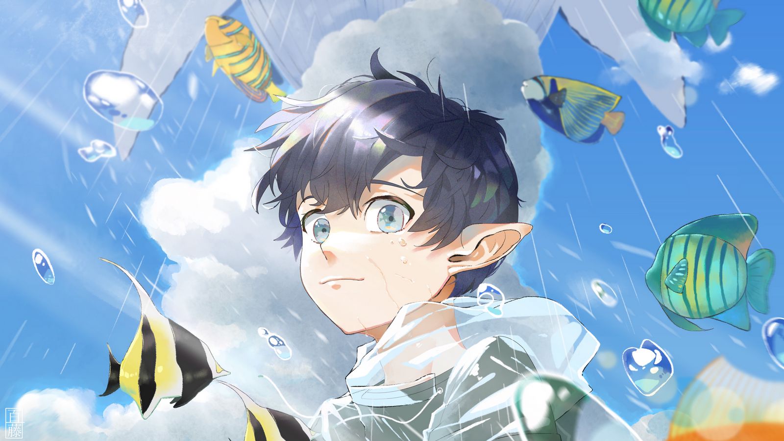 Download wallpaper 1600x900 elf, boy, water, fish, anime widescreen 16:9 HD background