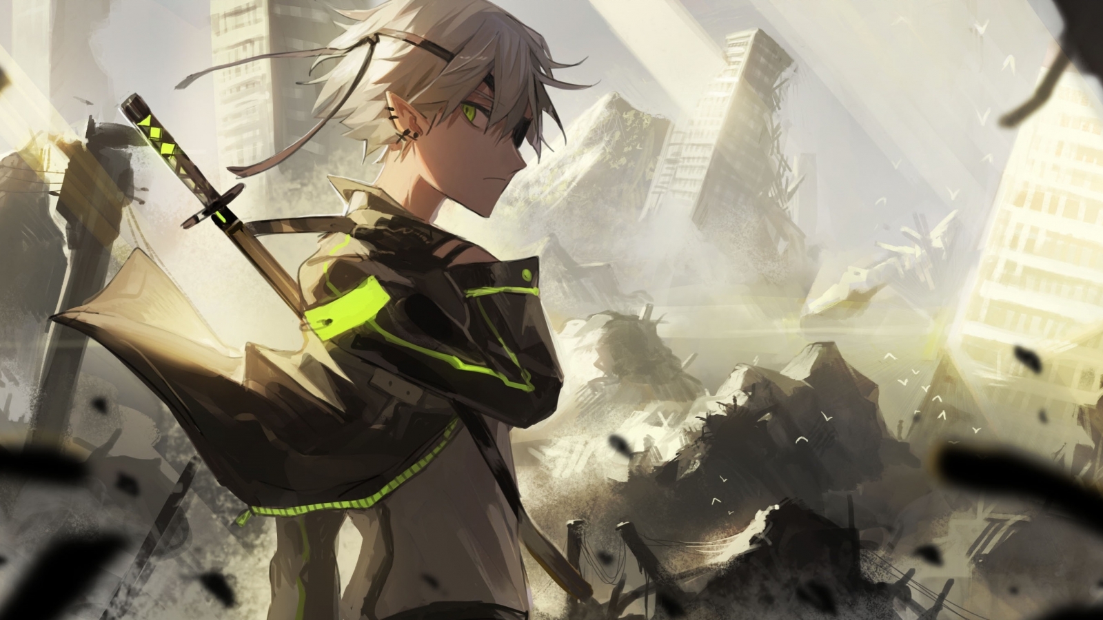 Wallpaper Katana, Elf Ears, White Hair, Anime Boy, Post Apocalyptic:3508x1504