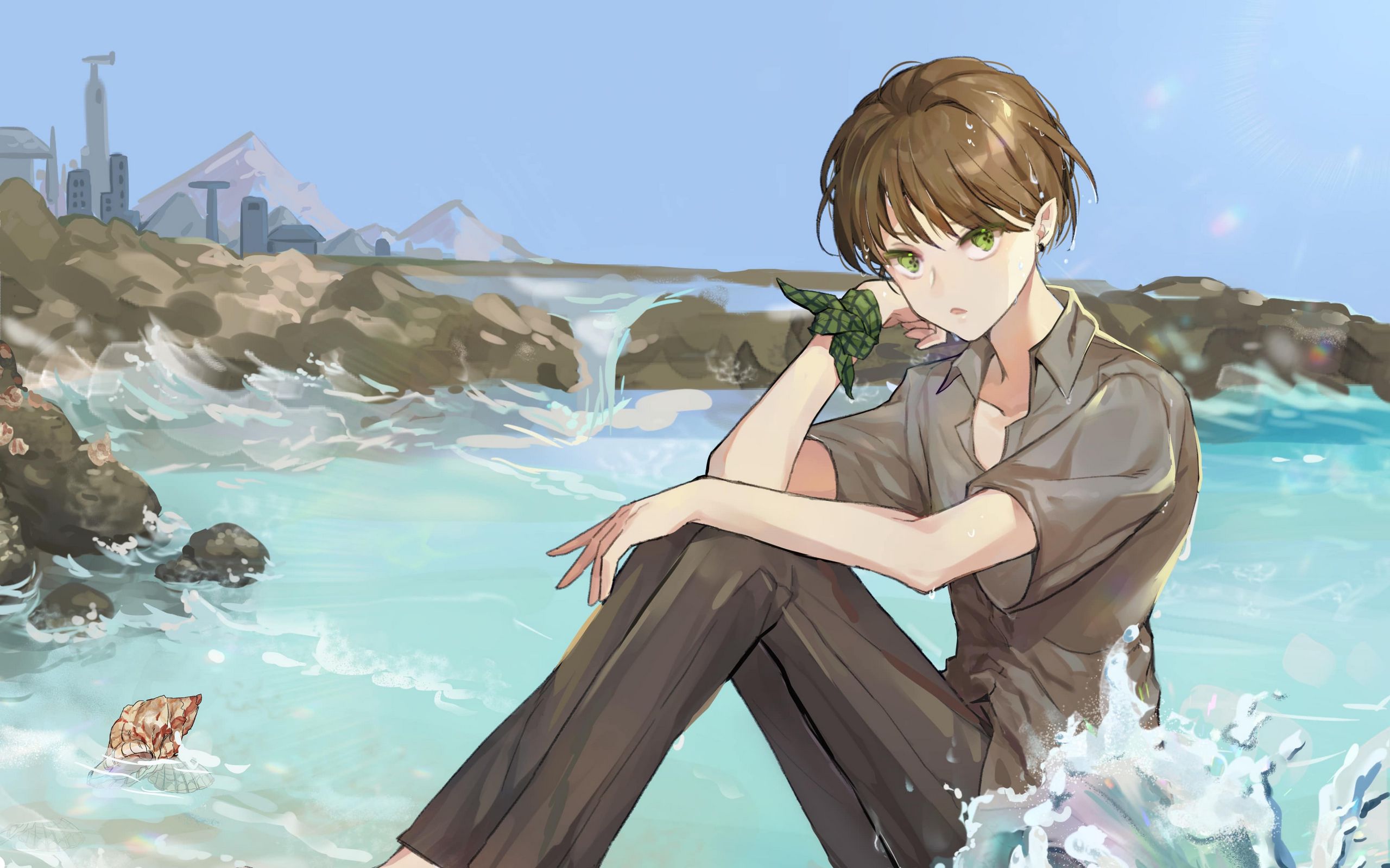 Download wallpaper 2560x1600 boy, elf, glance, sea, waves, anime, art, cartoon widescreen 16:10 HD background