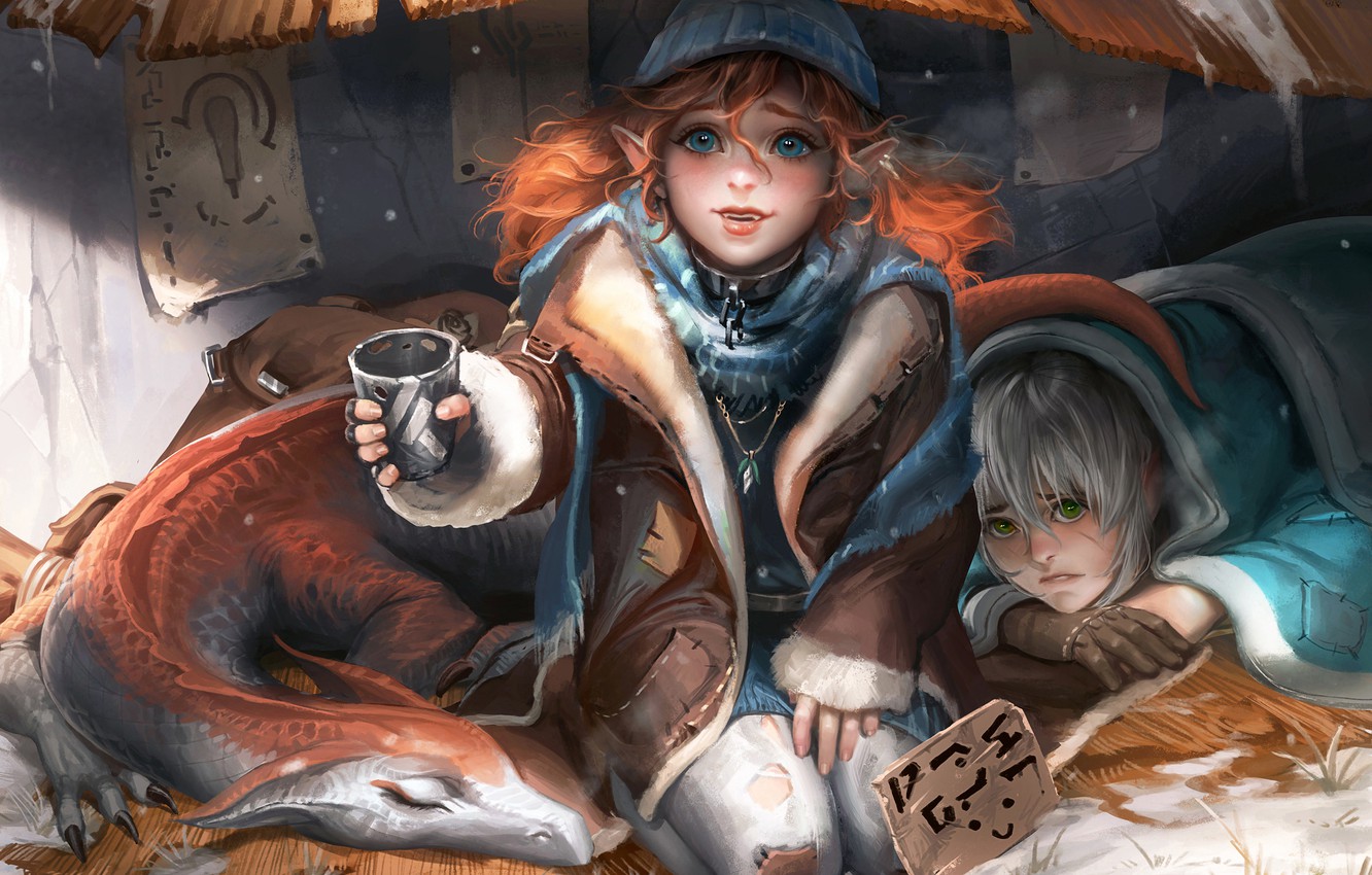 Wallpaper dragon, boy, girl, elf image for desktop, section живопись