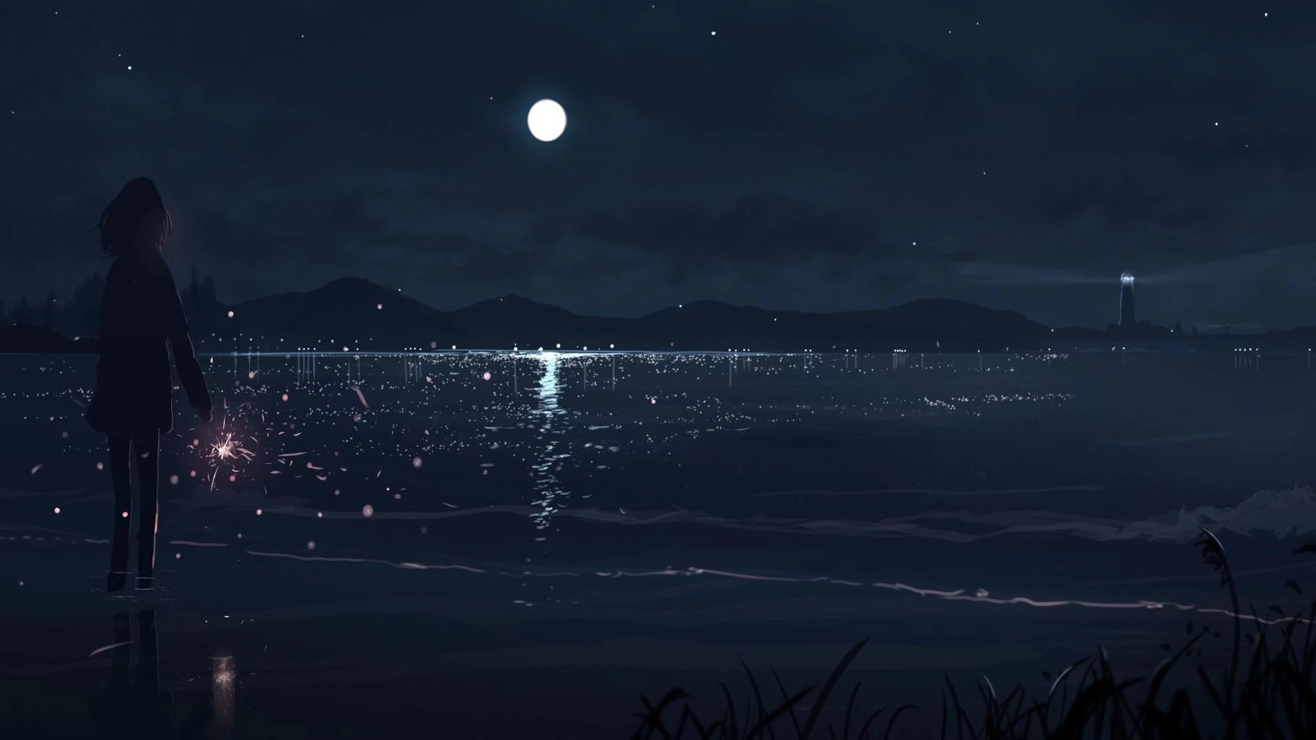 Download 1920x1080 Anime Night, Horizon, Moon, Anime Girl Silhouette, Reflection, Stars Wallpaper for Widescreen