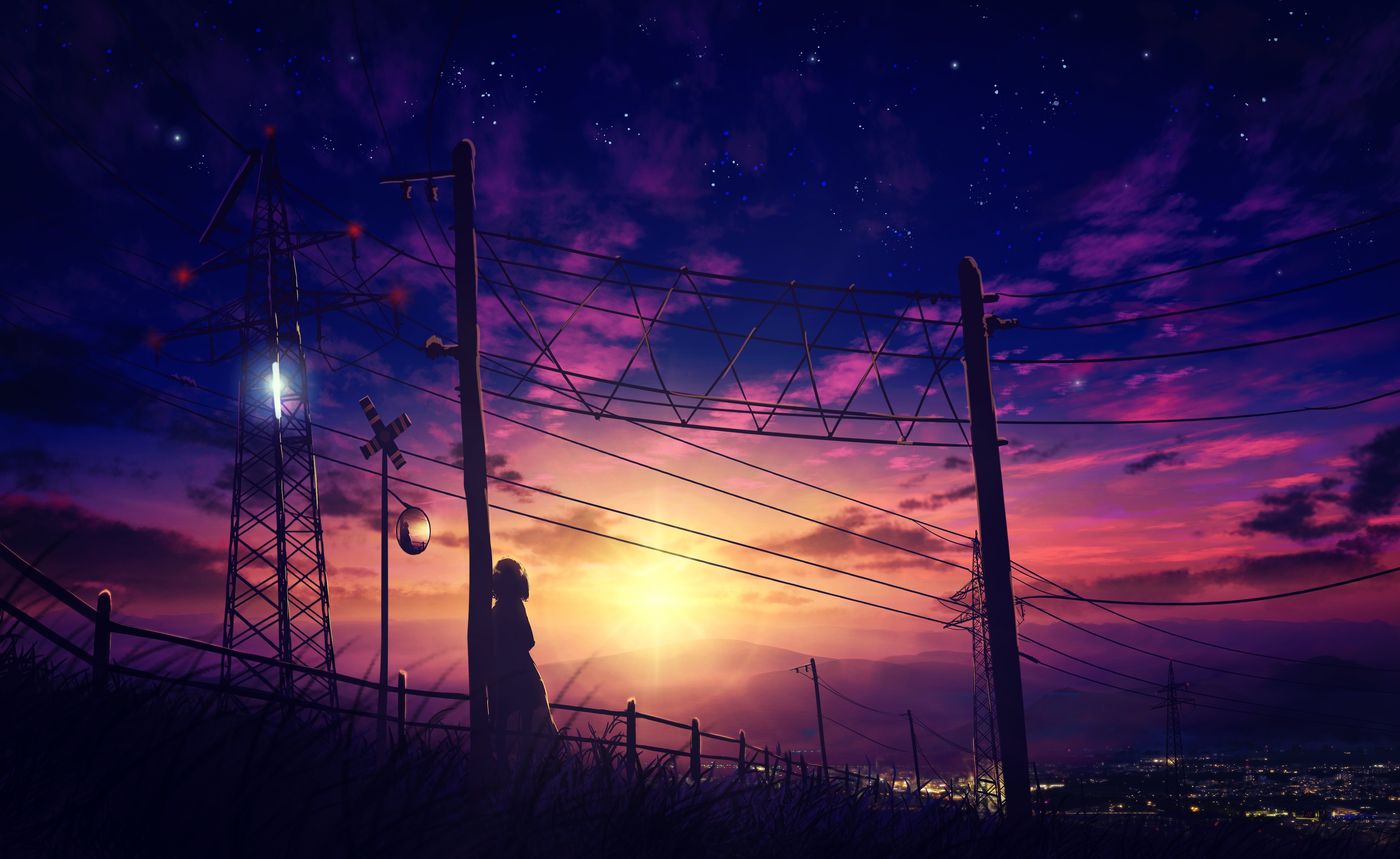 Download 5068x3110 Anime Landsacpe, Sunset, Scenery, Girl Silhouette Wallpaper