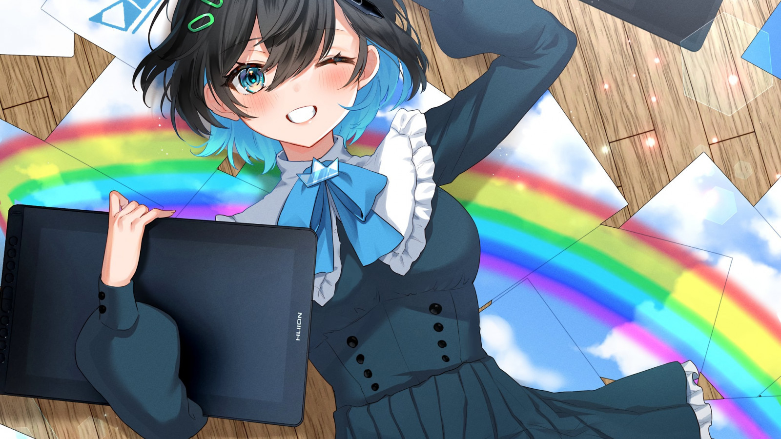 Download 1600x900 Cute Anime Girl, School Uniform, Lying Down, Wink, Rainbow Wallpaper