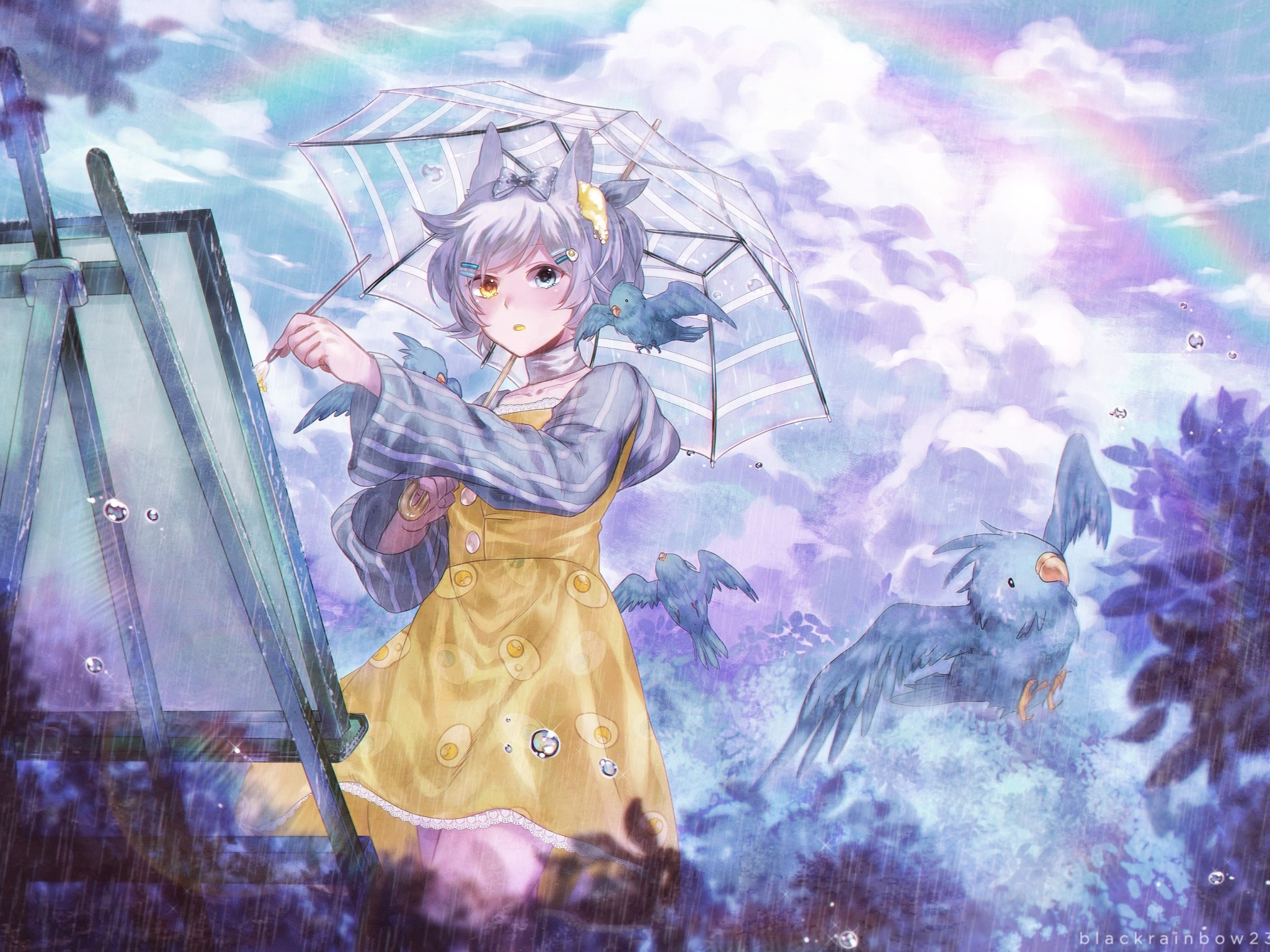 Download 2048x1536 Anime Girl, Raining, Animal Ears, Rainbow, Birds, Gray Hair Wallpaper for Ainol Novo 9 Spark