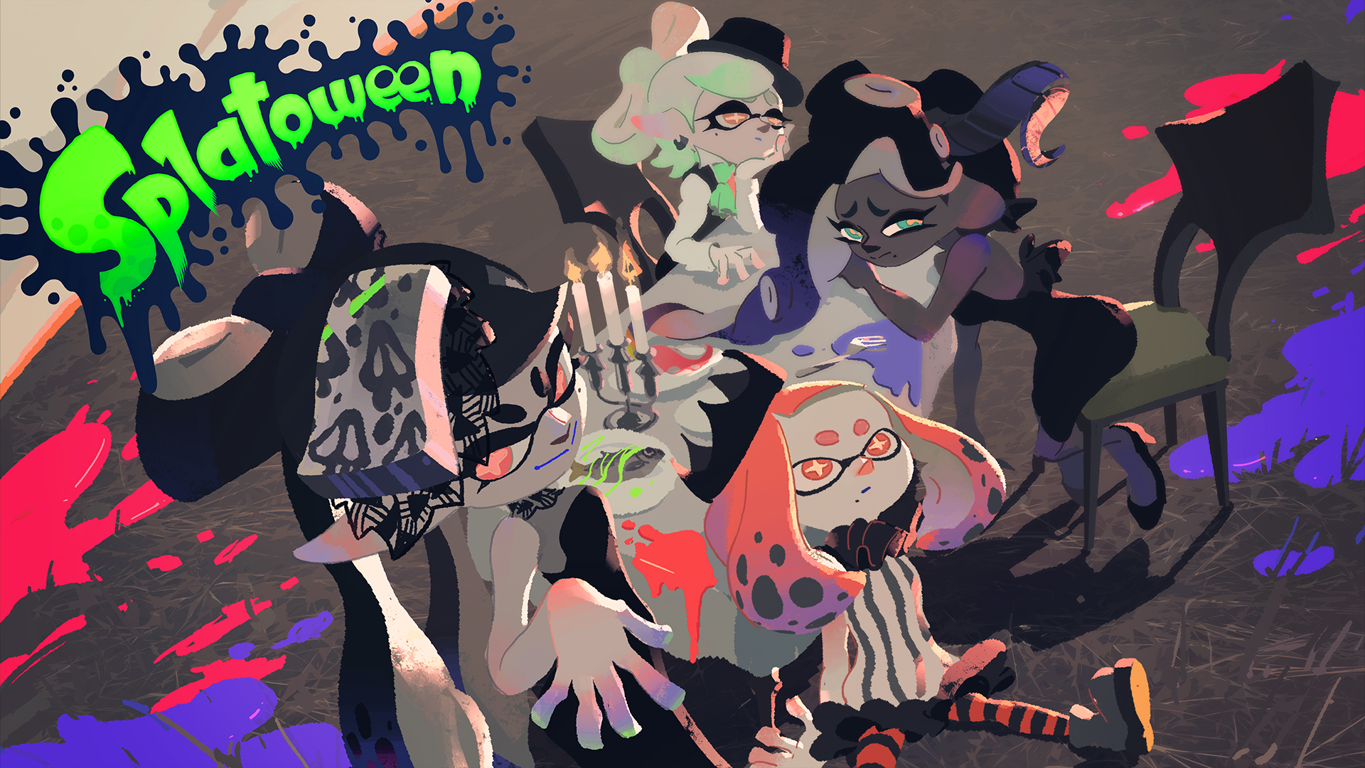 nintendo splatoon aori (splatoon) hotaru (splatoon) iida (splatoon) marina ( splatoon) pearl (splatoon) dress halloween heels horns no bra pantyhose pointy ears tagme wallpaper