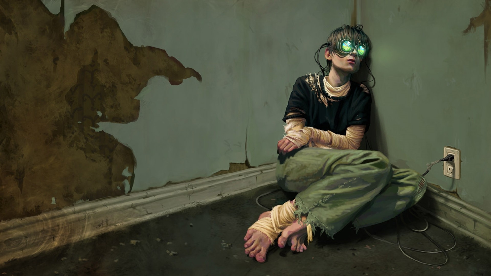 Download 1920x1080 Sad Man, Room, Cyberpunk, Futuristic Wallpaper for Widescreen