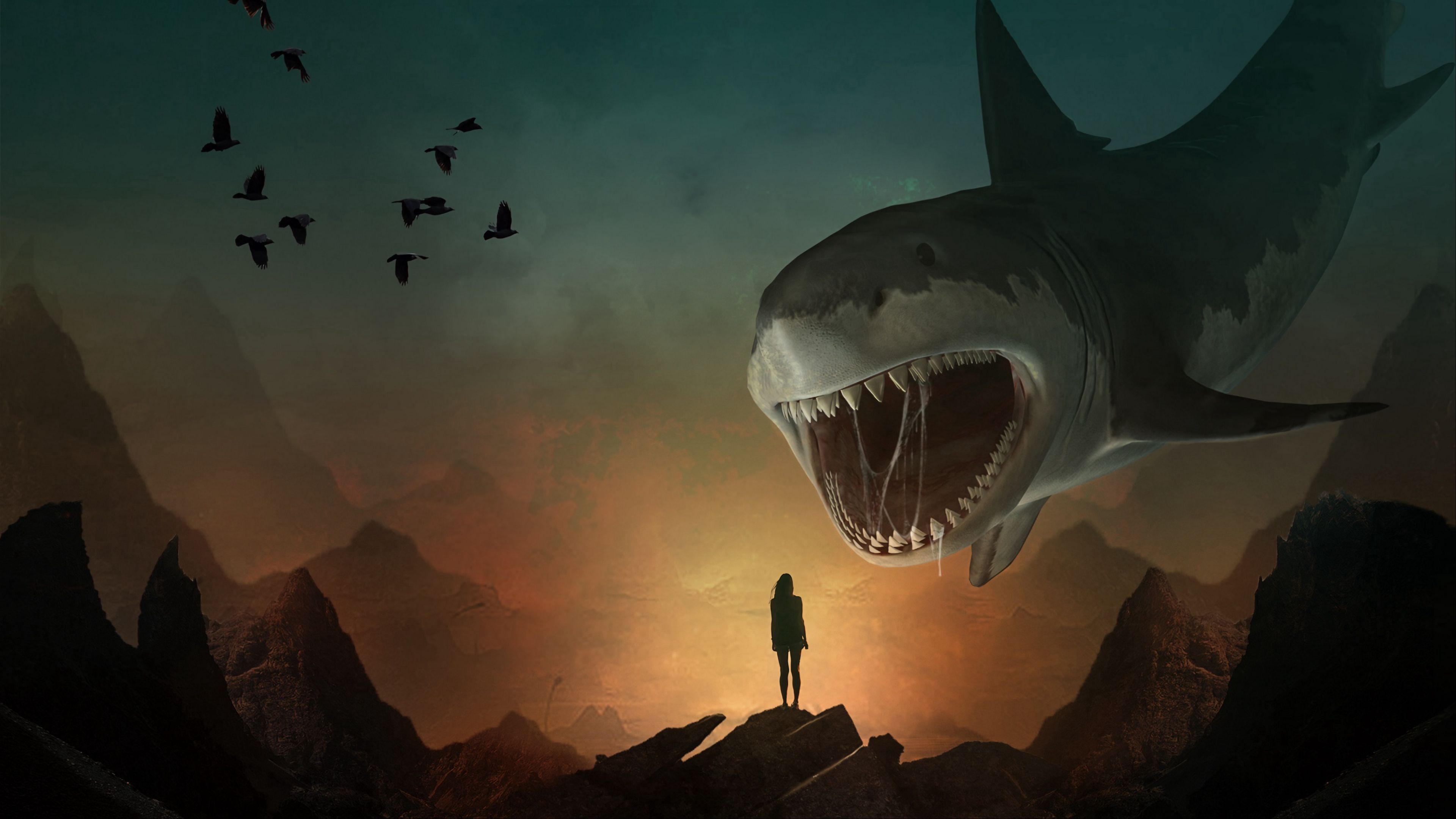 Download wallpaper 3840x2160 silhouette, shark, art, mouth, teeth, predator, illusion 4k uhd 16:9 HD background