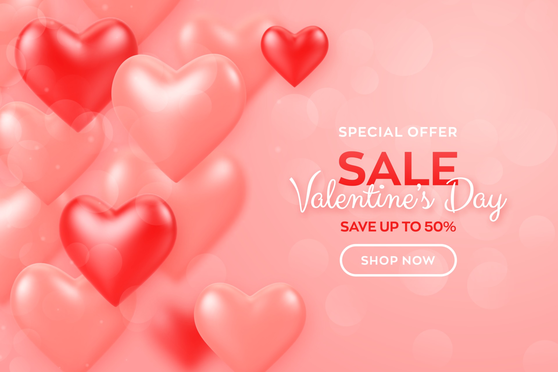 Happy Valentine's Day. Valentines day sale banner with red and pink balloons 3D hearts background. Wallpaper, flyer, invitation, poster, brochure, greeting card