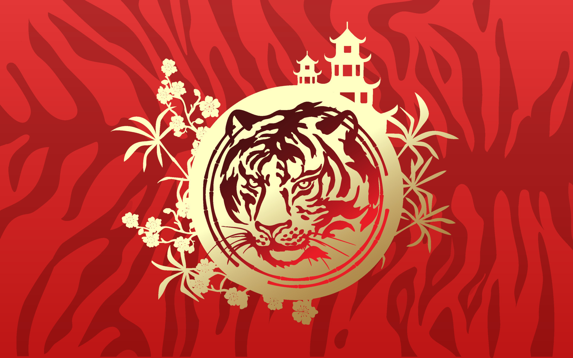 Tiger head with gold on a red background of a Chinese pagoda, bamboo, sakura and a fan. Happy Chinese New Year 2022