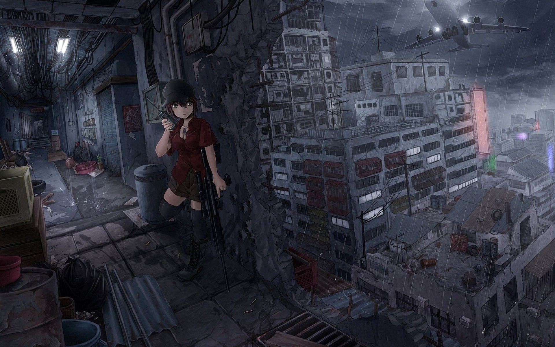 Urban Anime Anime Girls Rain City Weapon Wallpaper:1920x1200