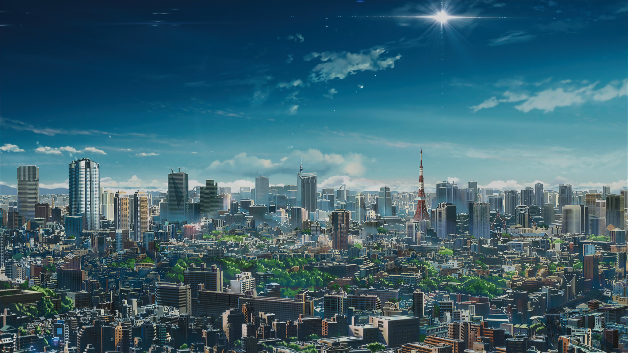 Wallpaper, anime, landscape, urban, sky, clouds, city, Tokyo Tower 2048x1152