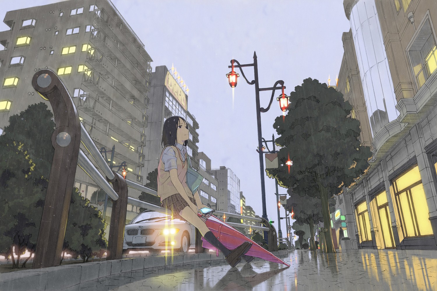 Wallpaper, city, street, cityscape, anime girls, rain, road, umbrella, Tourism, schoolgirl, alone, town, metropolis, waiting, infrastructure, pedestrian, ART, downtown, lane, urban area, neighbourhood 1500x998