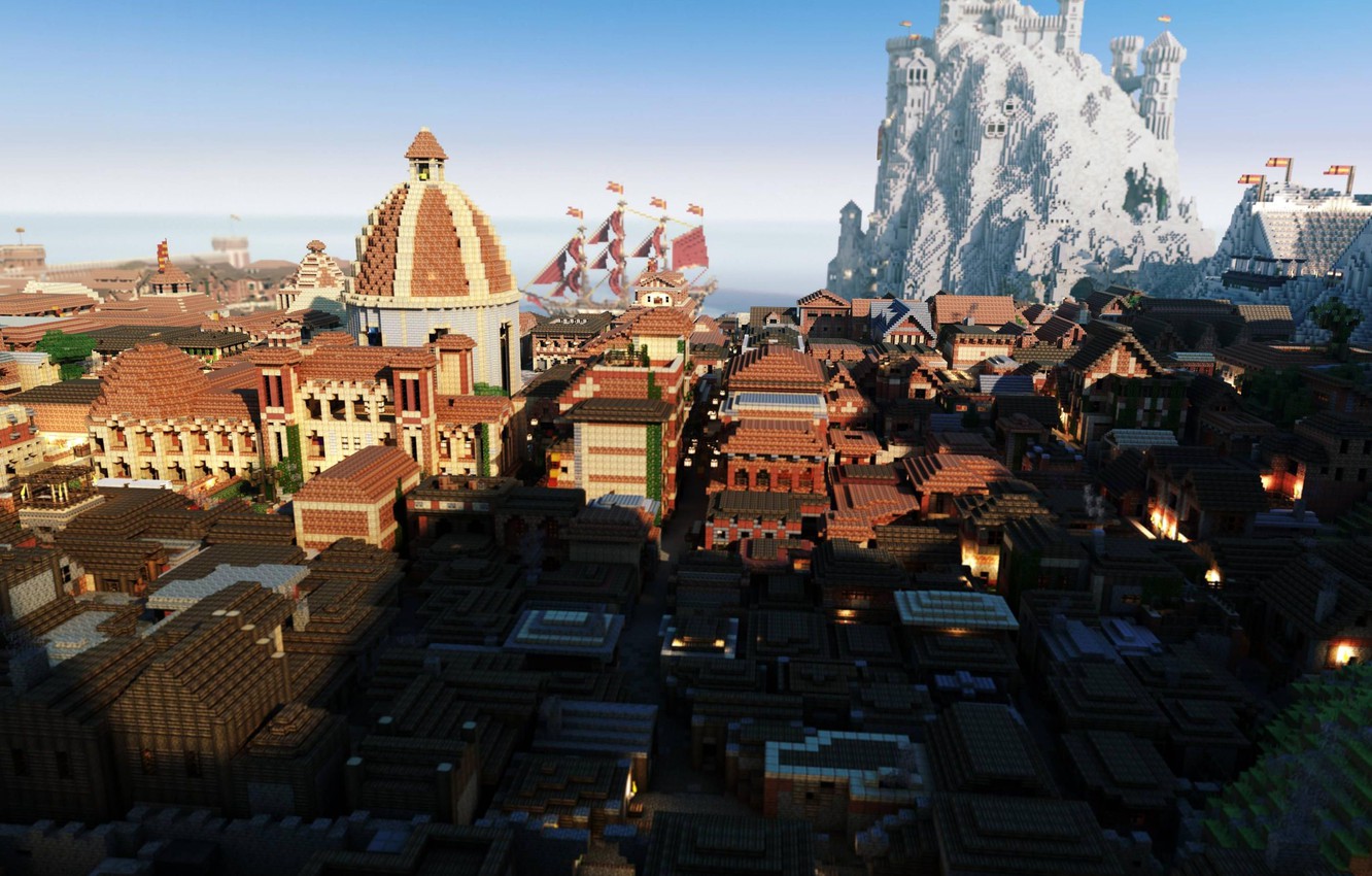 Wallpaper sea, the sky, the city, rock, house, ship, flag, port, Minecraft image for desktop, section игры