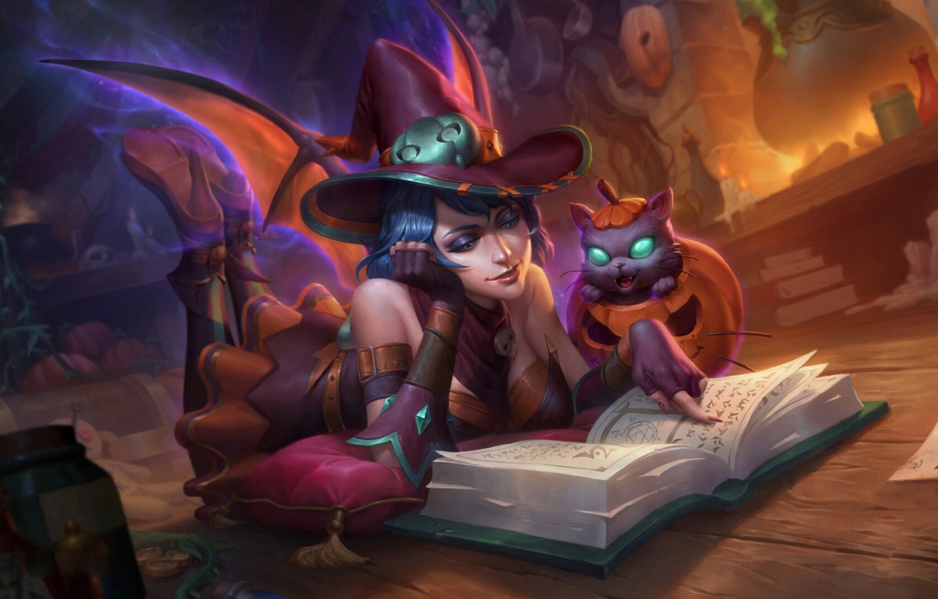 Wallpaper cat, girl, book, witch, halloween image for desktop, section арт