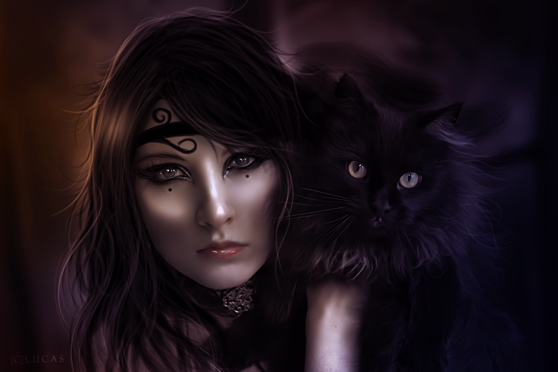 Fantasy Woman with Black Cat HD Wallpaper