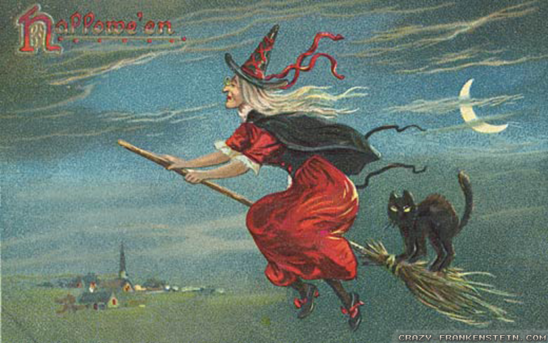 Witch On Broom With Black Cat